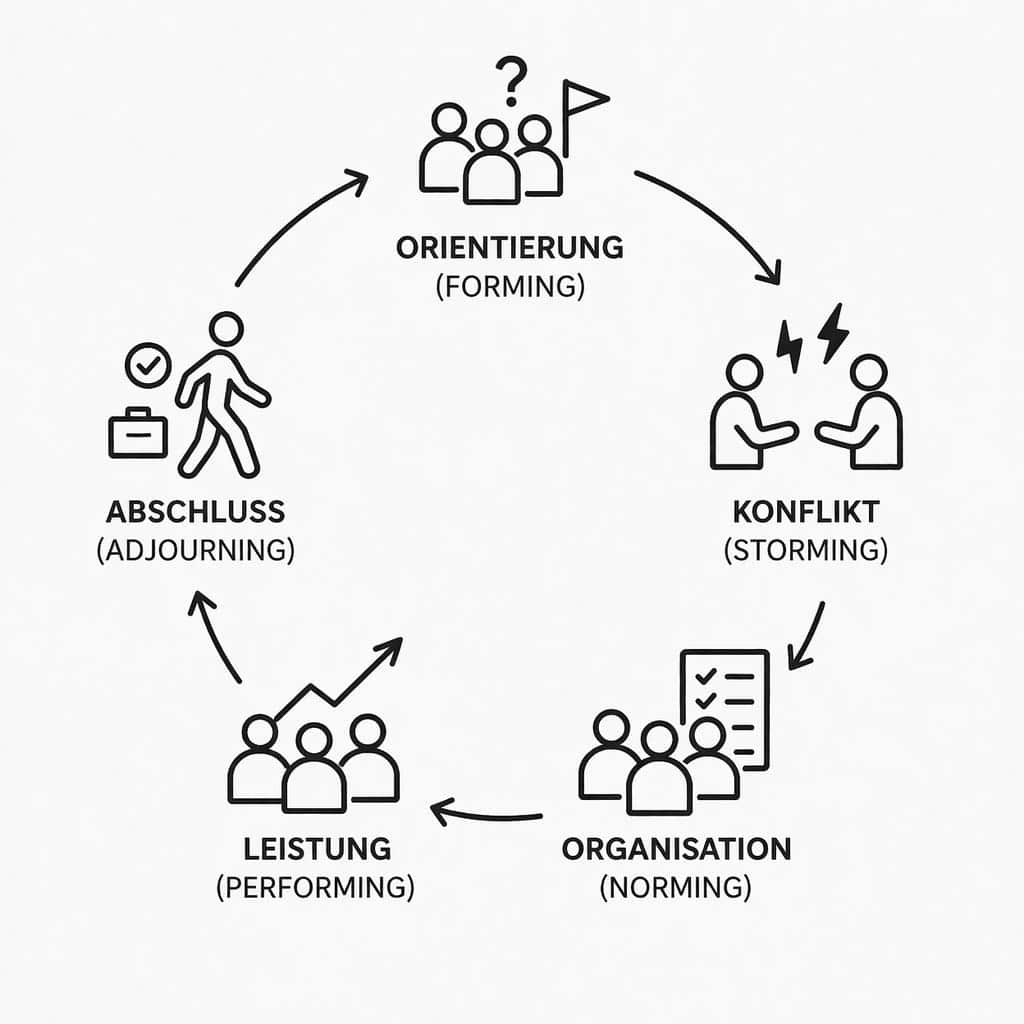 5 Phasen der Teamentwicklung nach Tuckman als Kreislauf