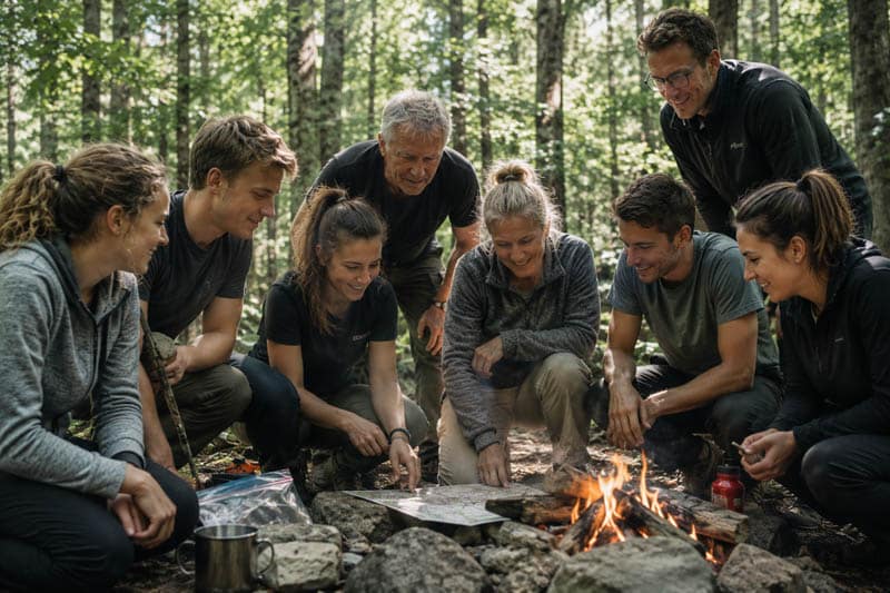 Team Survival_1 Survivaltraining Teambuilding - Männer und Frauen mit Karte am Feuer