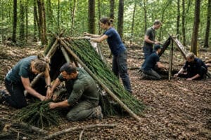 Survivaltraining - Männer und Frauen beim Bau einer Nothütte im Wald