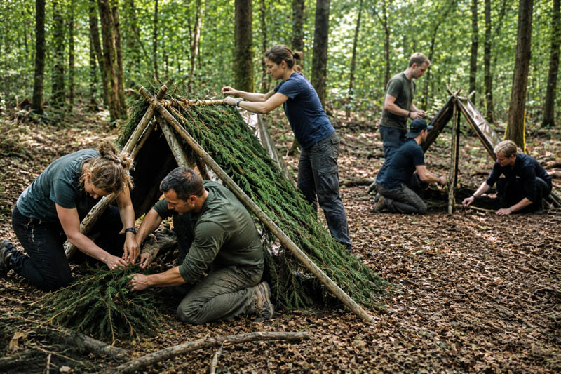 Team Survival_2 Survivaltraining - Männer und Frauen beim Bau einer Nothütte im Wald